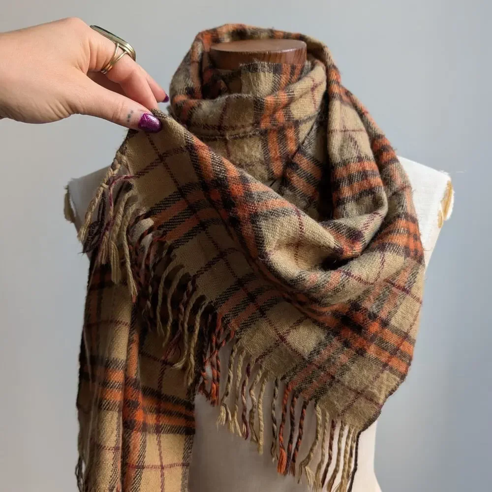 Vintage Orange Plaid Grunge Scarf Cashmere Western 70s Fringe Grunge Knit Wrap - Picture 3 of 6